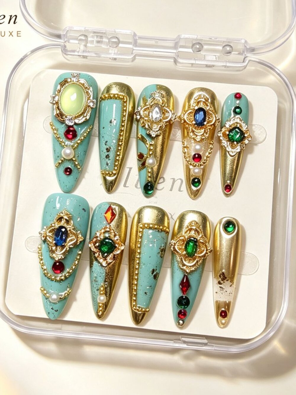 Baroque Luxury Green Stiletto Press On Nails with 3D Gold Gem & Pearl Ornaments